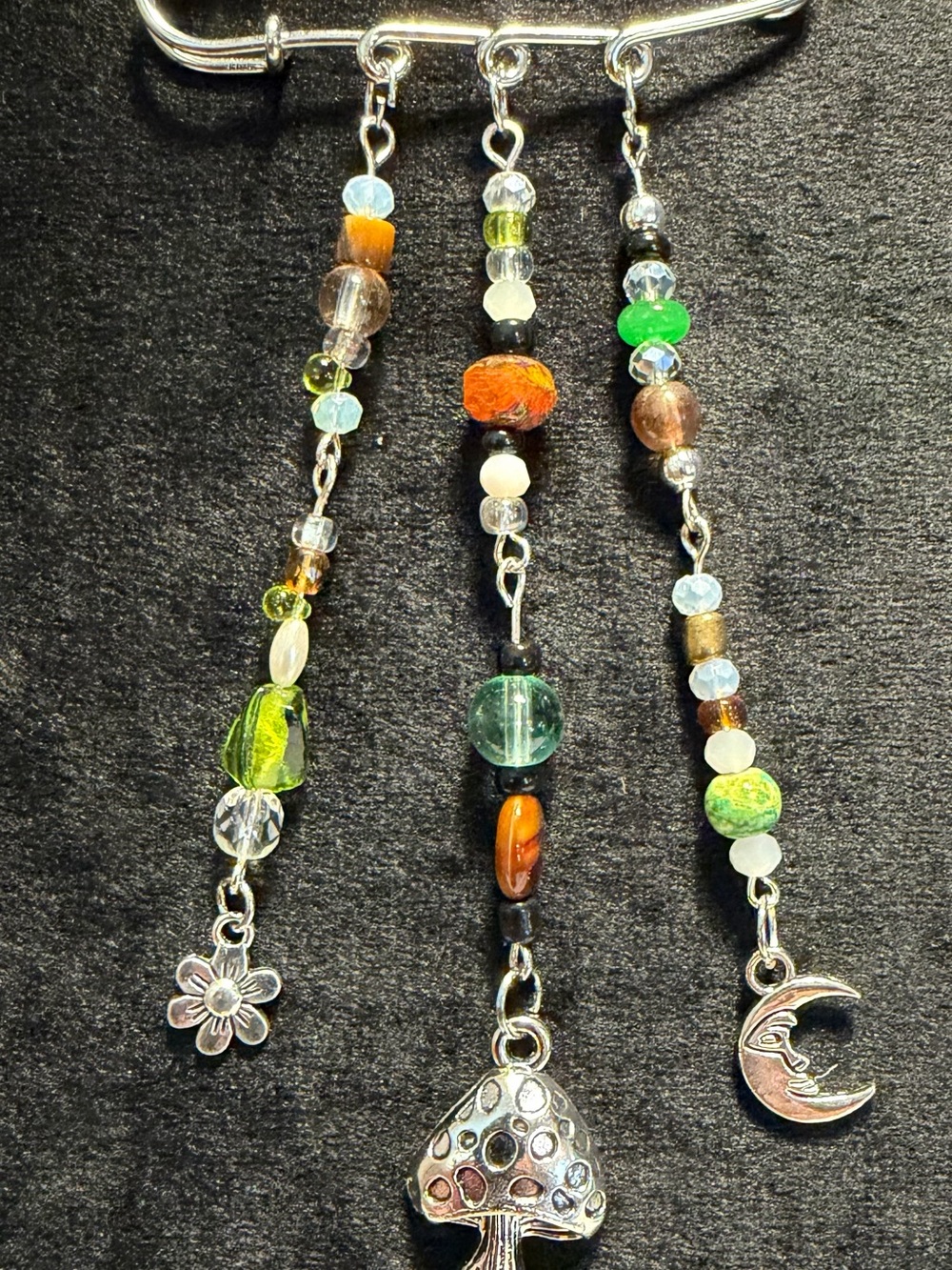 Handmade Green & Orange Beaded Charm Bracelet — Silver Mushroom & Moon Pendants